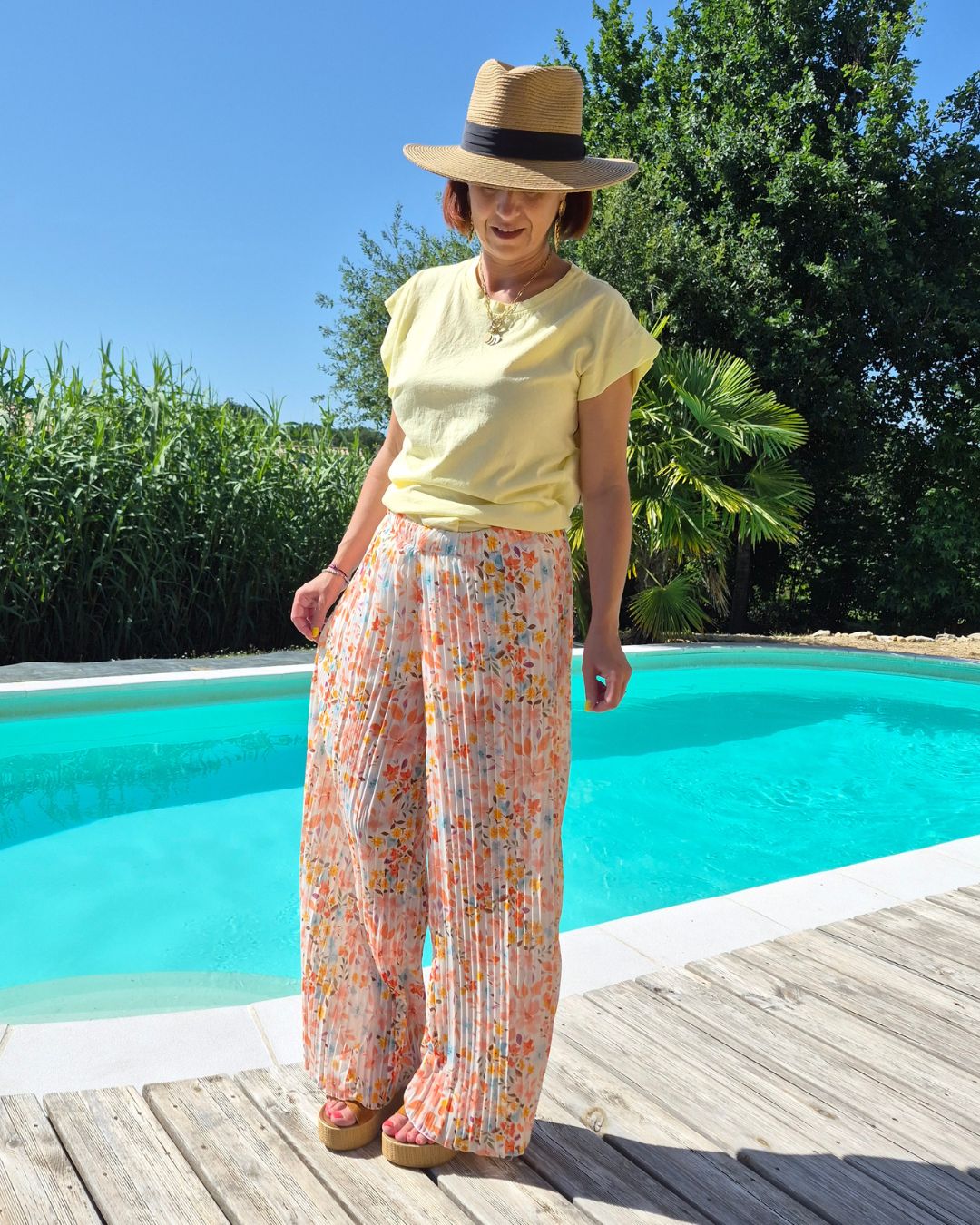 Pantalon palazzo plissé DOLCE à petites fleurs - Orange