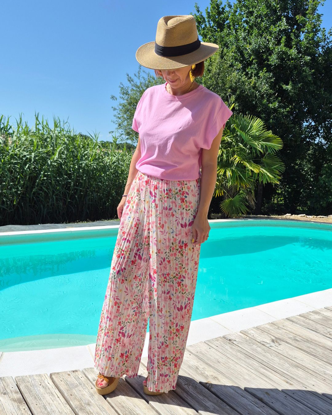 Pantalon palazzo plissé DOLCE à petites fleurs - Rose